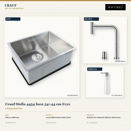 Crauf Stella 4454 İnox 54×44 cm Evye + Lusso 4030 Batarya + Aynı Renk Sabunluk | 3 Parça Soft Flex