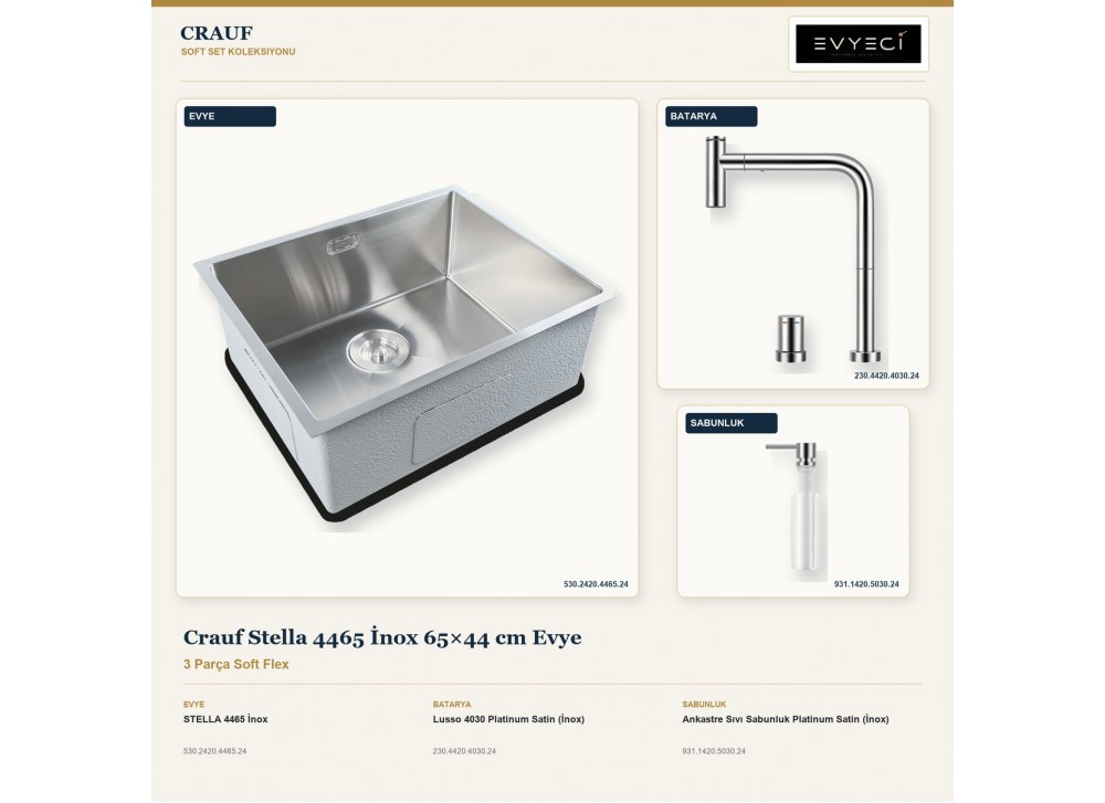Crauf Stella 4465 İnox 65×44 cm Evye + Lusso 4030 Batarya + Aynı Renk Sabunluk | 3 Parça Soft Flex Crauf Stella 4465 İnox 65×44 cm Evye + Lusso 4030 Batarya + Aynı Renk Sabunluk | 3 Parça Soft Flex