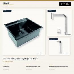 Crauf Poli 6301 İnox 58×51 cm Evye + Lusso 4030 Batarya + Aynı Renk Sabunluk | 3 Parça Soft Flex