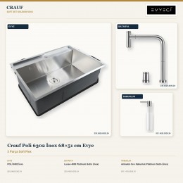 Crauf Poli 6302 İnox 68×51 cm Evye + Lusso 4030 Batarya + Aynı Renk Sabunluk | 3 Parça Soft Flex