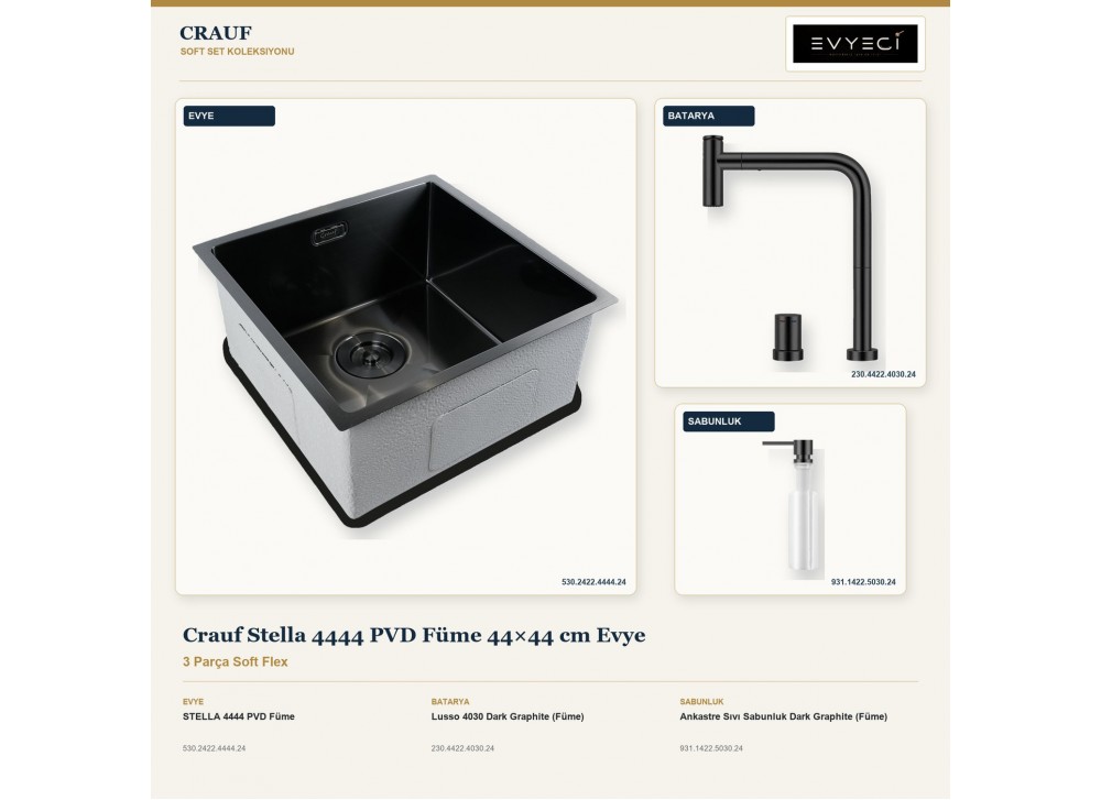 Crauf Stella 4444 PVD Füme 44×44 cm Evye + Lusso 4030 Batarya + Aynı Renk Sabunluk | 3 Parça Soft Flex Crauf Stella 4444 PVD Füme 44×44 cm Evye + Lusso 4030 Batarya + Aynı Renk Sabunluk | 3 Parça Soft Flex