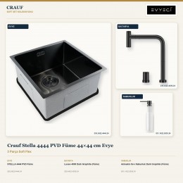 Crauf Stella 4444 PVD Füme 44×44 cm Evye + Lusso 4030 Batarya + Aynı Renk Sabunluk | 3 Parça Soft Flex