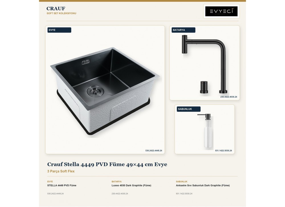 Crauf Stella 4449 PVD Füme 49×44 cm Evye + Lusso 4030 Batarya + Aynı Renk Sabunluk | 3 Parça Soft Flex Crauf Stella 4449 PVD Füme 49×44 cm Evye + Lusso 4030 Batarya + Aynı Renk Sabunluk | 3 Parça Soft Flex