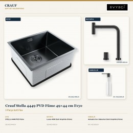 Crauf Stella 4449 PVD Füme 49×44 cm Evye + Lusso 4030 Batarya + Aynı Renk Sabunluk | 3 Parça Soft Flex