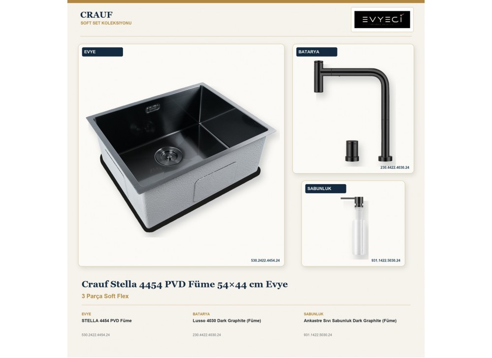 Crauf Stella 4454 PVD Füme 54×44 cm Evye + Lusso 4030 Batarya + Aynı Renk Sabunluk | 3 Parça Soft Flex