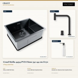 Crauf Stella 4454 PVD Füme 54×44 cm Evye + Lusso 4030 Batarya + Aynı Renk Sabunluk | 3 Parça Soft Flex