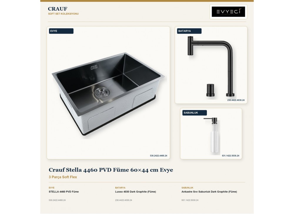 Crauf Stella 4460 PVD Füme 60×44 cm Evye + Lusso 4030 Batarya + Aynı Renk Sabunluk | 3 Parça Soft Flex Crauf Stella 4460 PVD Füme 60×44 cm Evye + Lusso 4030 Batarya + Aynı Renk Sabunluk | 3 Parça Soft Flex