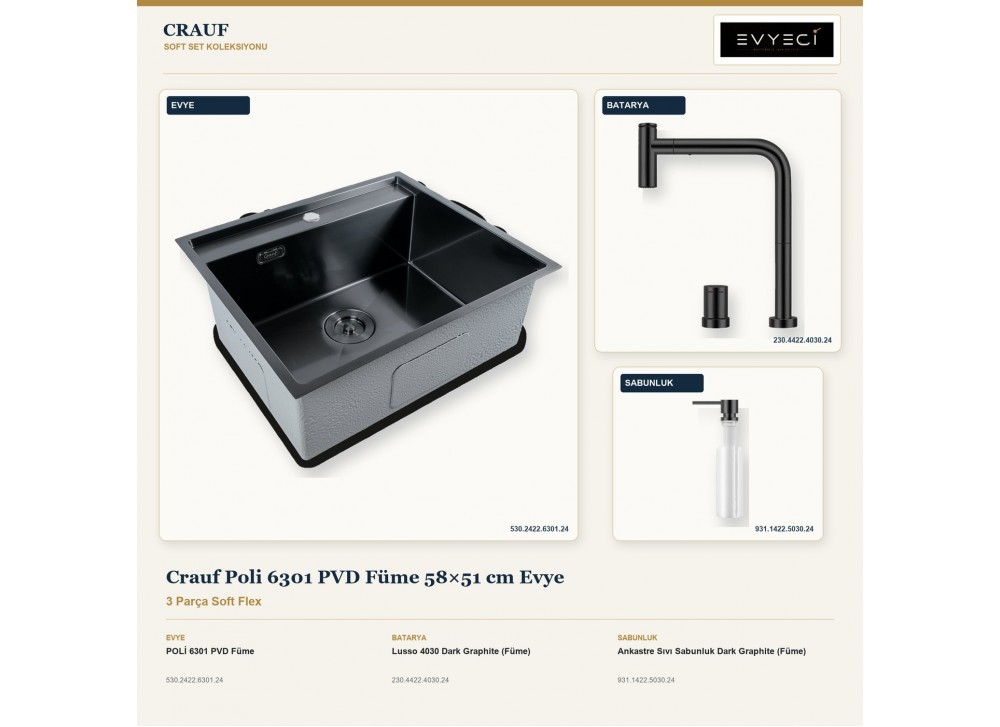 Crauf Poli 6301 PVD Füme 58×51 cm Evye + Lusso 4030 Batarya + Aynı Renk Sabunluk | 3 Parça Soft Flex