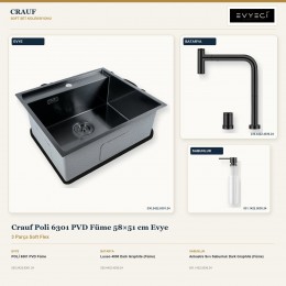 Crauf Poli 6301 PVD Füme 58×51 cm Evye + Lusso 4030 Batarya + Aynı Renk Sabunluk | 3 Parça Soft Flex
