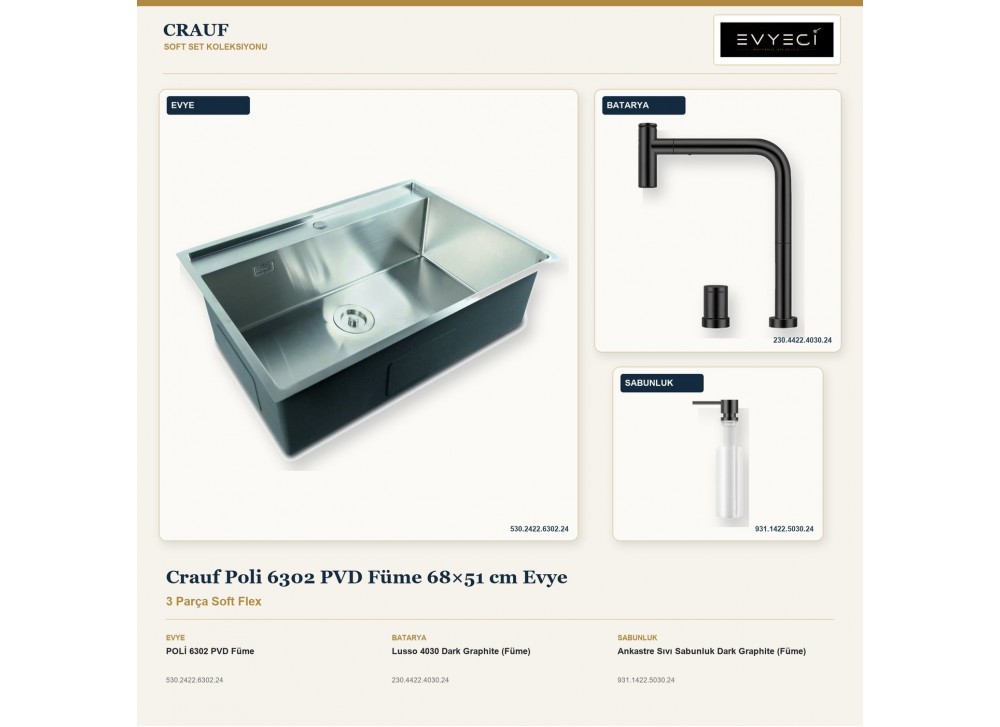 Crauf Poli 6302 PVD Füme 68×51 cm Evye + Lusso 4030 Batarya + Aynı Renk Sabunluk | 3 Parça Soft Flex Crauf Poli 6302 PVD Füme 68×51 cm Evye + Lusso 4030 Batarya + Aynı Renk Sabunluk | 3 Parça Soft Flex