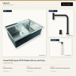 Crauf Poli 6302 PVD Füme 68×51 cm Evye + Lusso 4030 Batarya + Aynı Renk Sabunluk | 3 Parça Soft Flex