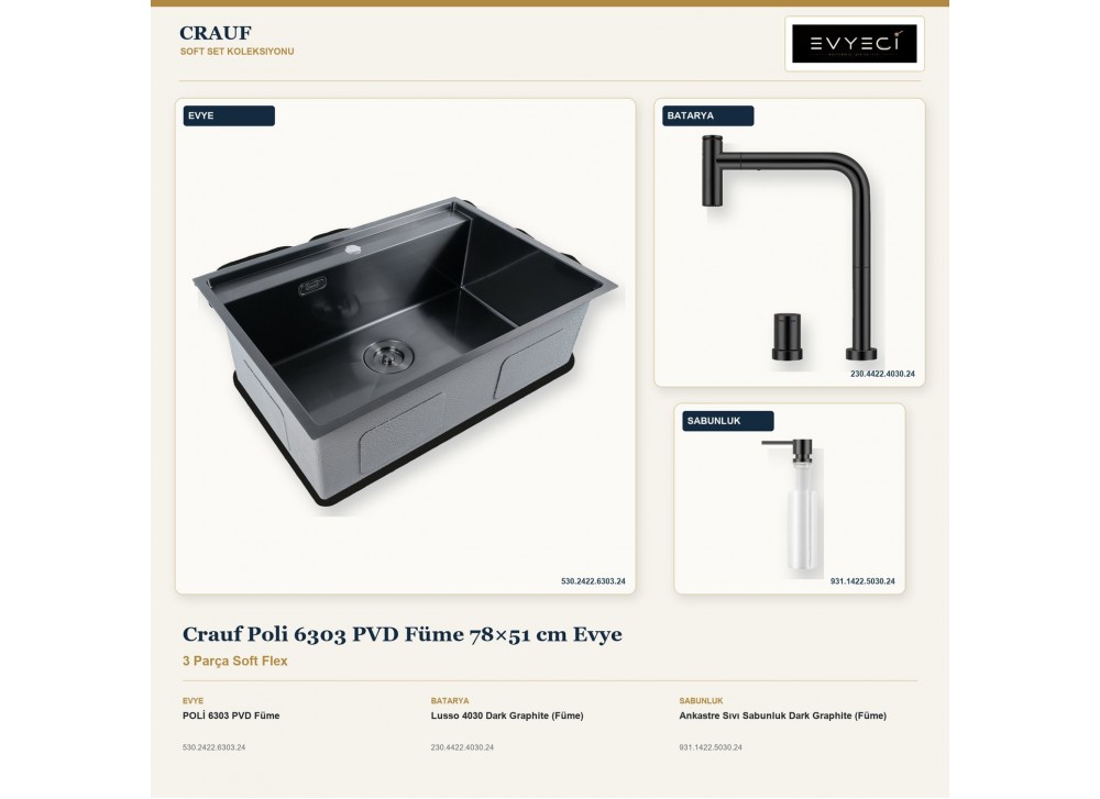 Crauf Poli 6303 PVD Füme 78×51 cm Evye + Lusso 4030 Batarya + Aynı Renk Sabunluk | 3 Parça Soft Flex Crauf Poli 6303 PVD Füme 78×51 cm Evye + Lusso 4030 Batarya + Aynı Renk Sabunluk | 3 Parça Soft Flex