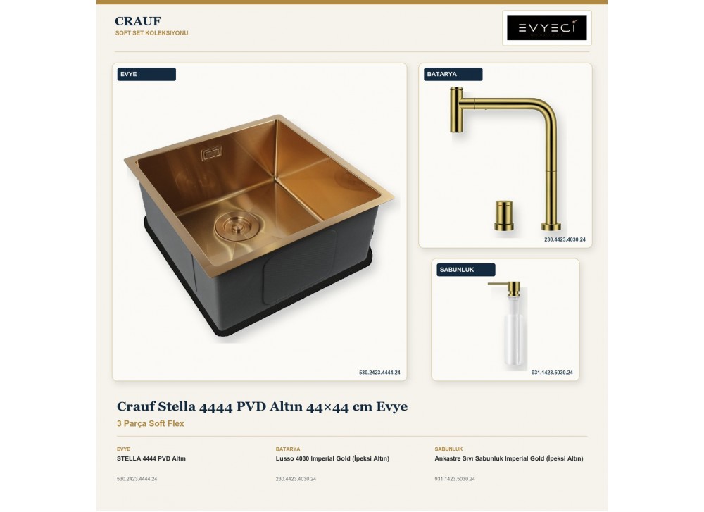 Crauf Stella 4444 PVD Altın 44×44 cm Evye + Lusso 4030 Batarya + Aynı Renk Sabunluk | 3 Parça Soft Flex Crauf Stella 4444 PVD Altın 44×44 cm Evye + Lusso 4030 Batarya + Aynı Renk Sabunluk | 3 Parça Soft Flex