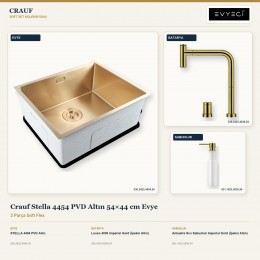 Crauf Stella 4454 PVD Altın 54×44 cm Evye + Lusso 4030 Batarya + Aynı Renk Sabunluk | 3 Parça Soft Flex
