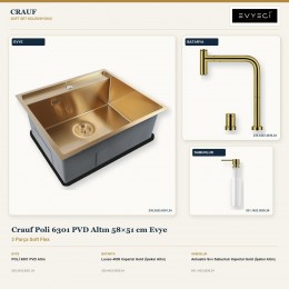 Crauf Poli 6301 PVD Altın 58×51 cm Evye + Lusso 4030 Batarya + Aynı Renk Sabunluk | 3 Parça Soft Flex