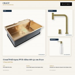 Crauf Poli 6302 PVD Altın 68×51 cm Evye + Lusso 4030 Batarya + Aynı Renk Sabunluk | 3 Parça Soft Flex