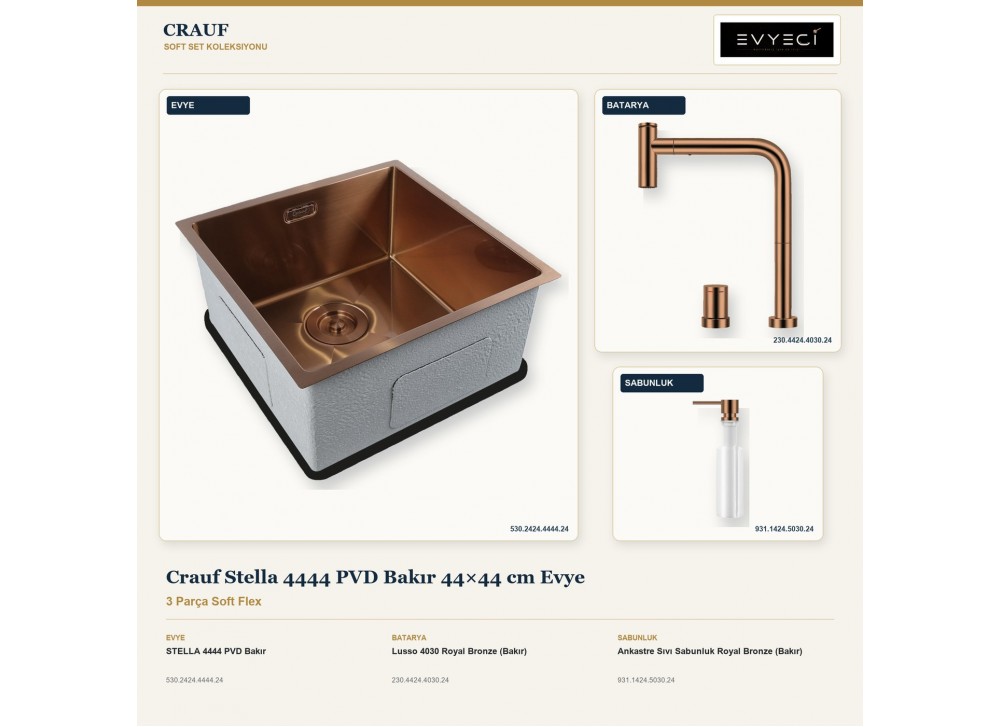 Crauf Stella 4444 PVD Bakır 44×44 cm Evye + Lusso 4030 Batarya + Aynı Renk Sabunluk | 3 Parça Soft Flex Crauf Stella 4444 PVD Bakır 44×44 cm Evye + Lusso 4030 Batarya + Aynı Renk Sabunluk | 3 Parça Soft Flex
