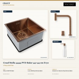 Crauf Stella 4444 PVD Bakır 44×44 cm Evye + Lusso 4030 Batarya + Aynı Renk Sabunluk | 3 Parça Soft Flex