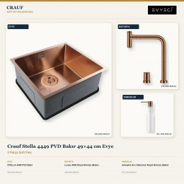Crauf Stella 4449 PVD Bakır 49×44 cm Evye + Lusso 4030 Batarya + Aynı Renk Sabunluk | 3 Parça Soft Flex