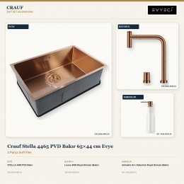 Crauf Stella 4465 PVD Bakır 65×44 cm Evye + Lusso 4030 Batarya + Aynı Renk Sabunluk | 3 Parça Soft Flex