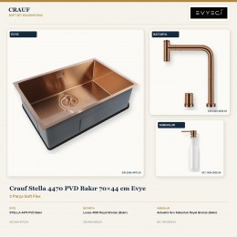 Crauf Stella 4470 PVD Bakır 70×44 cm Evye + Lusso 4030 Batarya + Aynı Renk Sabunluk | 3 Parça Soft Flex