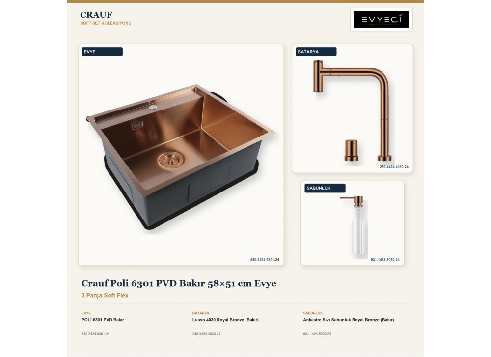 Crauf Poli 6301 PVD Bakır 58×51 cm Evye + Lusso 4030 Batarya + Aynı Renk Sabunluk | 3 Parça Soft Flex Crauf Poli 6301 PVD Bakır 58×51 cm Evye + Lusso 4030 Batarya + Aynı Renk Sabunluk | 3 Parça Soft Flex