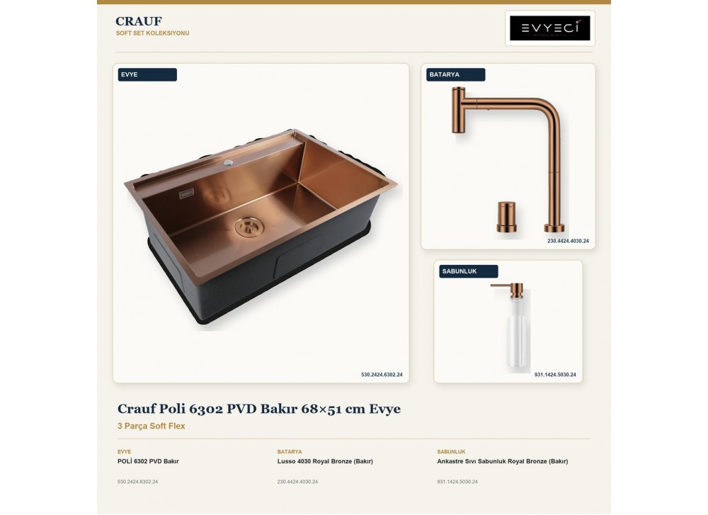 Crauf Poli 6302 PVD Bakır 68×51 cm Evye + Lusso 4030 Batarya + Aynı Renk Sabunluk | 3 Parça Soft Flex Crauf Poli 6302 PVD Bakır 68×51 cm Evye + Lusso 4030 Batarya + Aynı Renk Sabunluk | 3 Parça Soft Flex