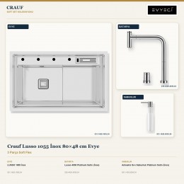 Crauf Lusso 1055 İnox 80×48 cm Evye + Lusso 4030 Batarya + Aynı Renk Sabunluk | 3 Parça Soft Flex