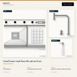 Crauf Lusso 1056 İnox 86×48 cm Evye + Lusso 4030 Batarya + Aynı Renk Sabunluk | 3 Parça Soft Flex