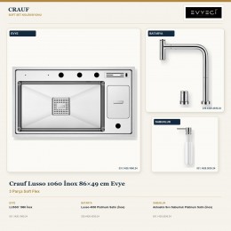 Crauf Lusso 1060 İnox 86×49 cm Evye + Lusso 4030 Batarya + Aynı Renk Sabunluk | 3 Parça Soft Flex