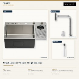Crauf Lusso 1070 İnox 76×48 cm Evye + Lusso 4030 Batarya + Aynı Renk Sabunluk | 3 Parça Soft Flex