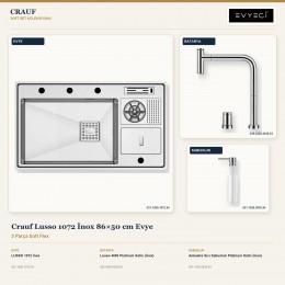 Crauf Lusso 1072 İnox 86×50 cm Evye + Lusso 4030 Batarya + Aynı Renk Sabunluk | 3 Parça Soft Flex