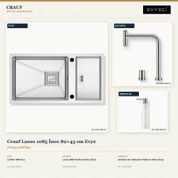 Crauf Lusso 1085 İnox 82×43 cm Evye + Lusso 4030 Batarya + Aynı Renk Sabunluk | 3 Parça Soft Flex