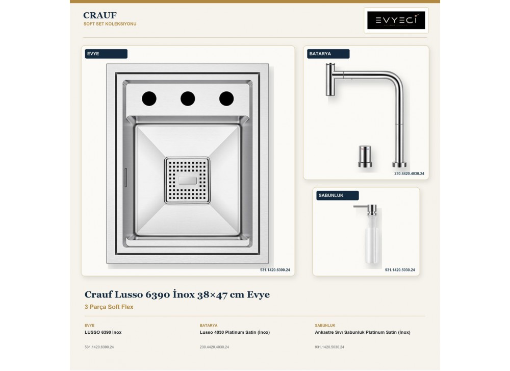 Crauf Lusso 6390 İnox 38×47 cm Evye + Lusso 4030 Batarya + Aynı Renk Sabunluk | 3 Parça Soft Flex Crauf Lusso 6390 İnox 38×47 cm Evye + Lusso 4030 Batarya + Aynı Renk Sabunluk | 3 Parça Soft Flex