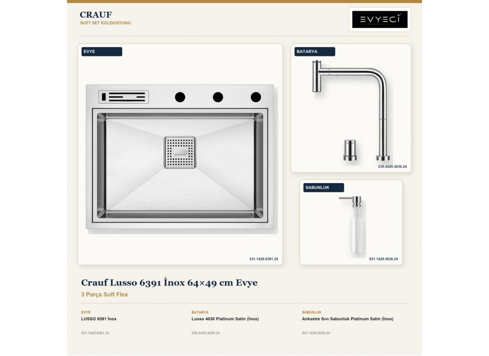 Crauf Lusso 6391 İnox 64×49 cm Evye + Lusso 4030 Batarya + Aynı Renk Sabunluk | 3 Parça Soft Flex Crauf Lusso 6391 İnox 64×49 cm Evye + Lusso 4030 Batarya + Aynı Renk Sabunluk | 3 Parça Soft Flex