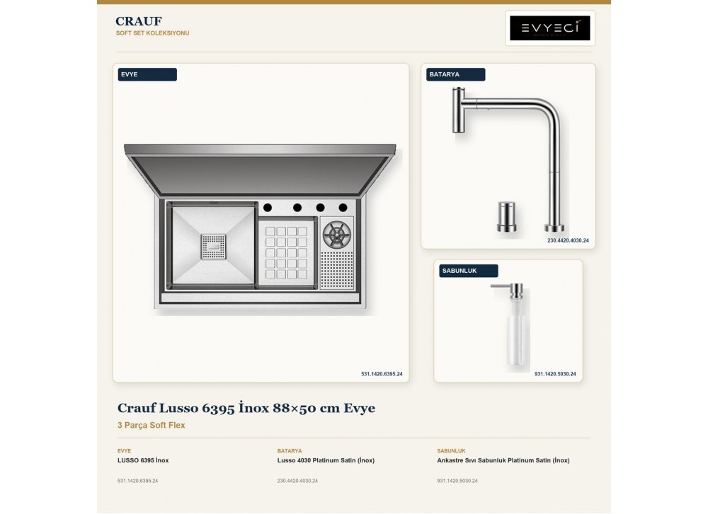Crauf Lusso 6395 İnox 88×50 cm Evye + Lusso 4030 Batarya + Aynı Renk Sabunluk | 3 Parça Soft Flex Crauf Lusso 6395 İnox 88×50 cm Evye + Lusso 4030 Batarya + Aynı Renk Sabunluk | 3 Parça Soft Flex