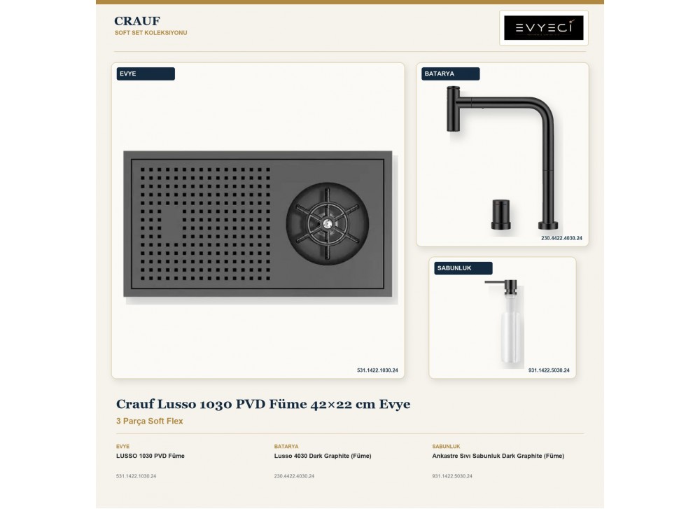 Crauf Lusso 1030 PVD Füme 42×22 cm Evye + Lusso 4030 Batarya + Aynı Renk Sabunluk | 3 Parça Soft Flex
