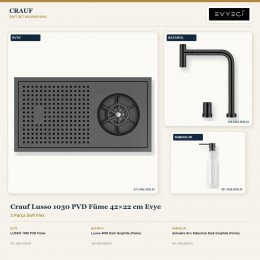 Crauf Lusso 1030 PVD Füme 42×22 cm Evye + Lusso 4030 Batarya + Aynı Renk Sabunluk | 3 Parça Soft Flex