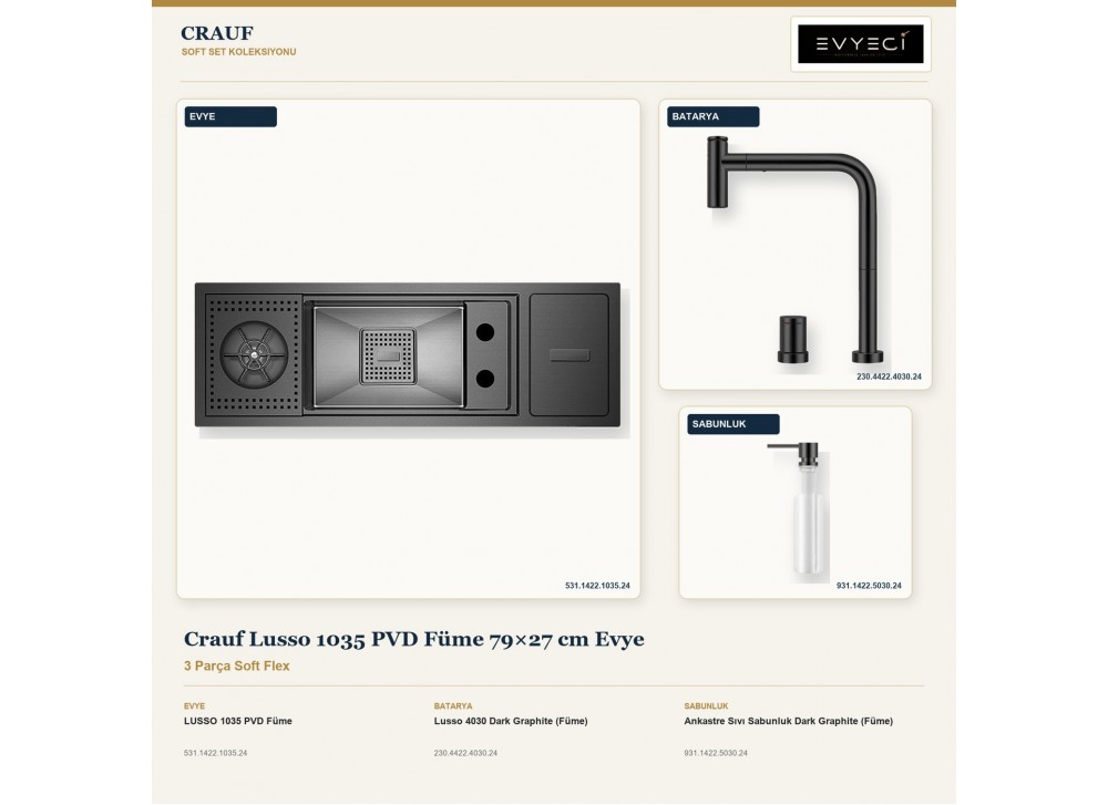 Crauf Lusso 1035 PVD Füme 79×27 cm Evye + Lusso 4030 Batarya + Aynı Renk Sabunluk | 3 Parça Soft Flex Crauf Lusso 1035 PVD Füme 79×27 cm Evye + Lusso 4030 Batarya + Aynı Renk Sabunluk | 3 Parça Soft Flex