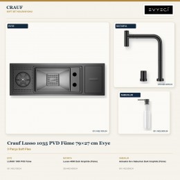 Crauf Lusso 1035 PVD Füme 79×27 cm Evye + Lusso 4030 Batarya + Aynı Renk Sabunluk | 3 Parça Soft Flex