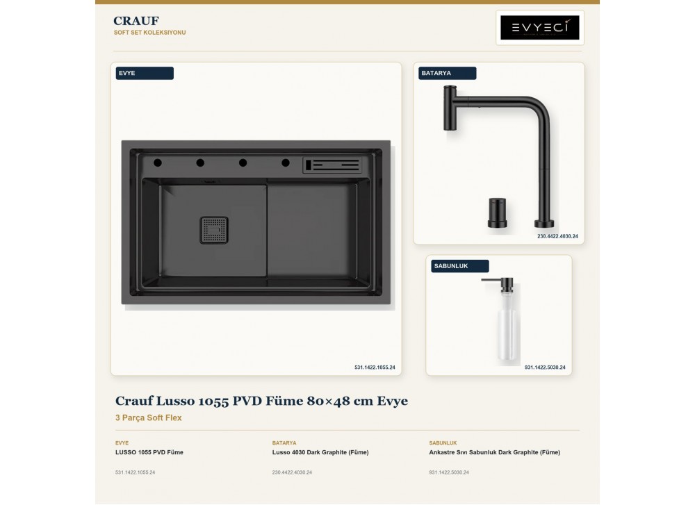 Crauf Lusso 1055 PVD Füme 80×48 cm Evye + Lusso 4030 Batarya + Aynı Renk Sabunluk | 3 Parça Soft Flex