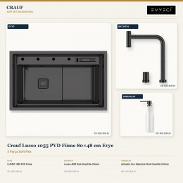 Crauf Lusso 1055 PVD Füme 80×48 cm Evye + Lusso 4030 Batarya + Aynı Renk Sabunluk | 3 Parça Soft Flex