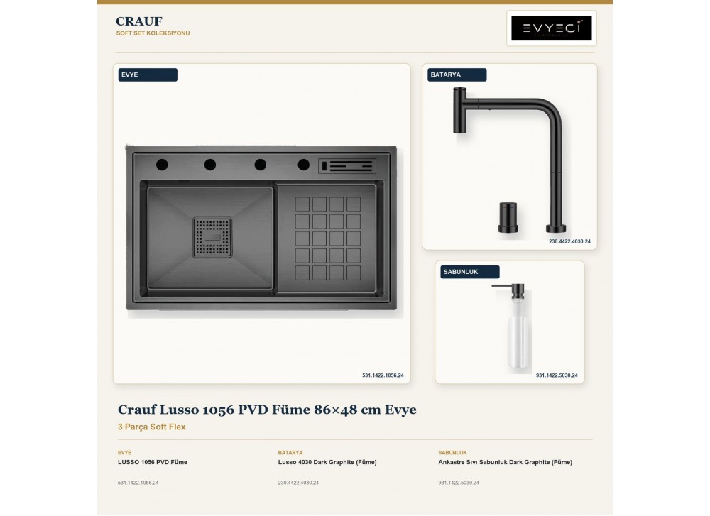 Crauf Lusso 1056 PVD Füme 86×48 cm Evye + Lusso 4030 Batarya + Aynı Renk Sabunluk | 3 Parça Soft Flex