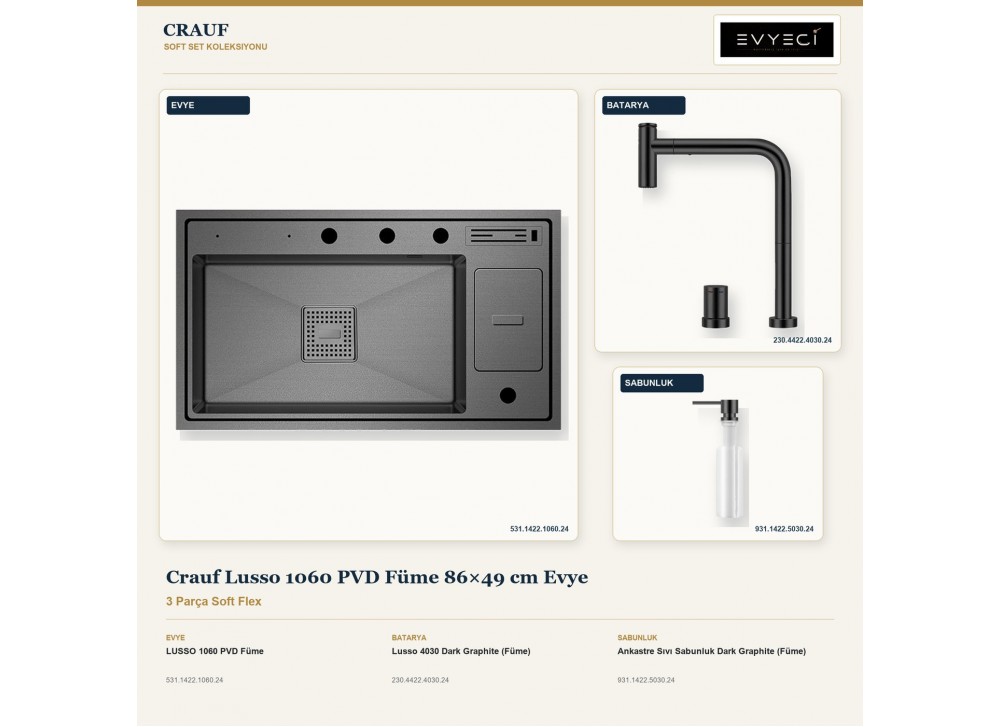 Crauf Lusso 1060 PVD Füme 86×49 cm Evye + Lusso 4030 Batarya + Aynı Renk Sabunluk | 3 Parça Soft Flex
