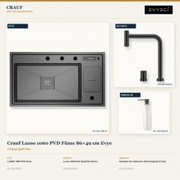 Crauf Lusso 1060 PVD Füme 86×49 cm Evye + Lusso 4030 Batarya + Aynı Renk Sabunluk | 3 Parça Soft Flex