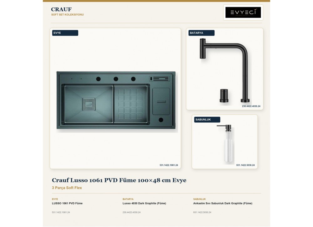 Crauf Lusso 1061 PVD Füme 100×48 cm Evye + Lusso 4030 Batarya + Aynı Renk Sabunluk | 3 Parça Soft Flex