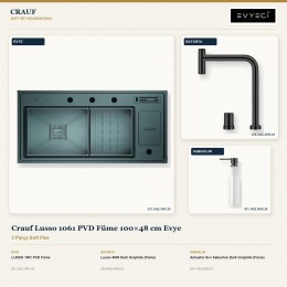 Crauf Lusso 1061 PVD Füme 100×48 cm Evye + Lusso 4030 Batarya + Aynı Renk Sabunluk | 3 Parça Soft Flex