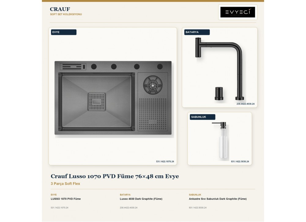 Crauf Lusso 1070 PVD Füme 76×48 cm Evye + Lusso 4030 Batarya + Aynı Renk Sabunluk | 3 Parça Soft Flex