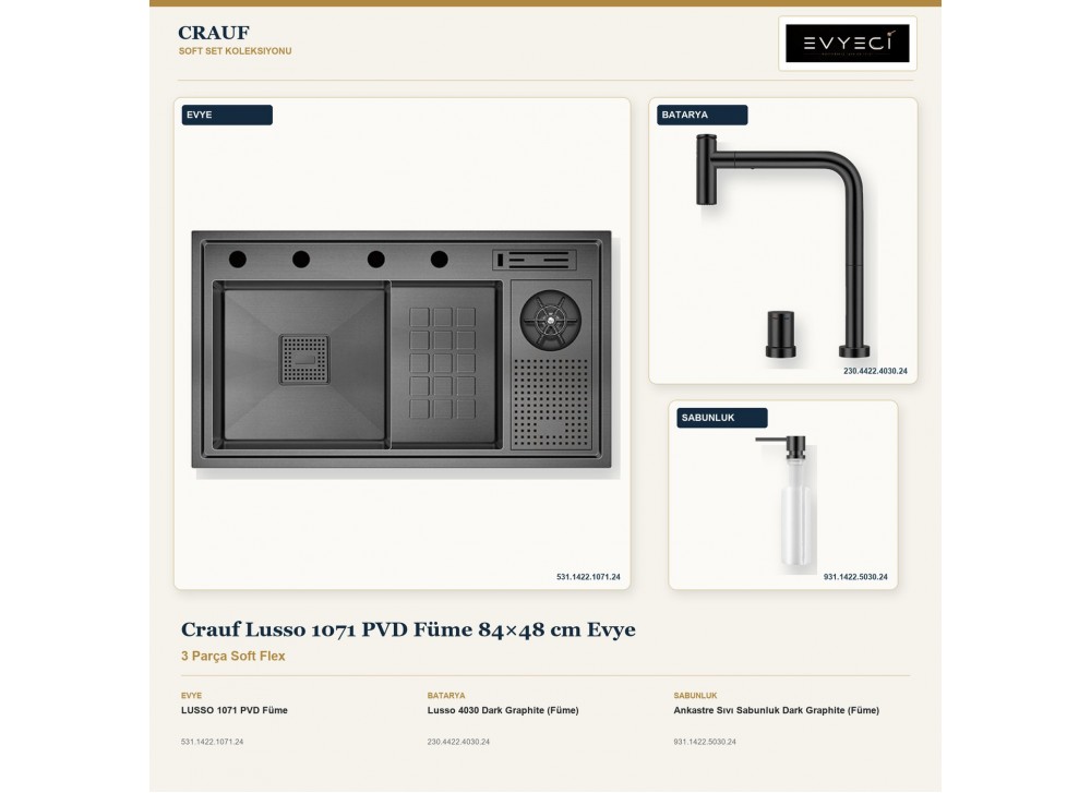 Crauf Lusso 1071 PVD Füme 84×48 cm Evye + Lusso 4030 Batarya + Aynı Renk Sabunluk | 3 Parça Soft Flex Crauf Lusso 1071 PVD Füme 84×48 cm Evye + Lusso 4030 Batarya + Aynı Renk Sabunluk | 3 Parça Soft Flex