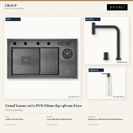 Crauf Lusso 1071 PVD Füme 84×48 cm Evye + Lusso 4030 Batarya + Aynı Renk Sabunluk | 3 Parça Soft Flex